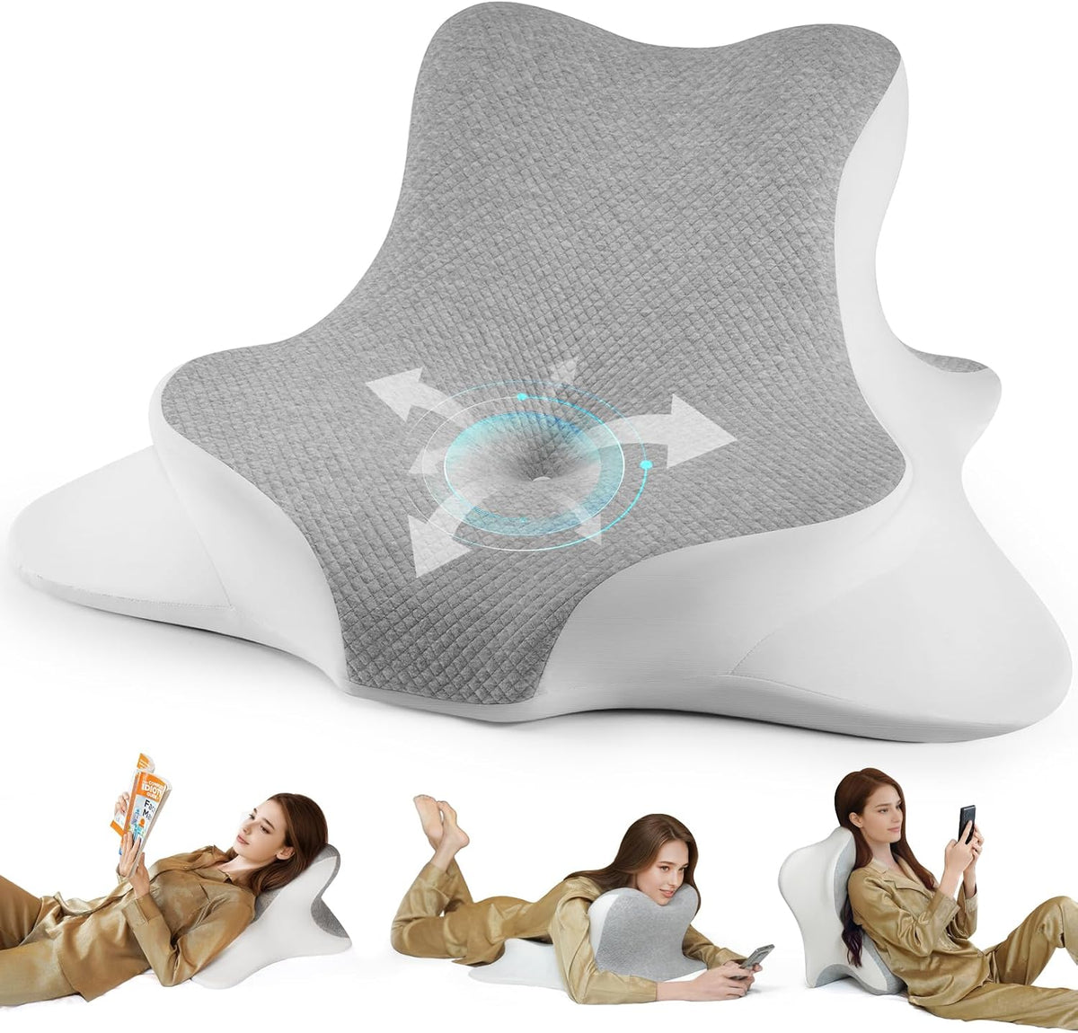 Reading Pillow for Bed, Lying, Leaning and Prone, Ergonomic Memory Foam Bed Wedge Pillow for Headboard, Chin & Back Support Pillows on Bedrest Couch Floor- Grey