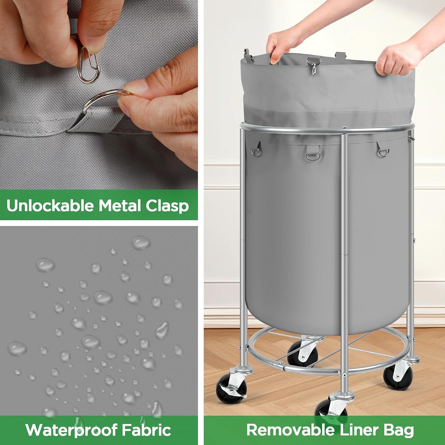 100L Round Rolling Laundry Hamper Basket with Wheels, Grey | Laundry Sorter Cart with Removable Bag, Clothes Organizer, Metal Frame, Bedroom, Bathroom, Laundry Room, Dorm Use