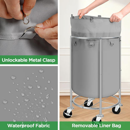 100L Round Rolling Laundry Hamper Basket with Wheels, Grey | Laundry Sorter Cart with Removable Bag, Clothes Organizer, Metal Frame, Bedroom, Bathroom, Laundry Room, Dorm Use