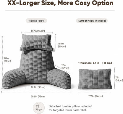 21" Higher Large Reading Pillow for Bed Adult, Back Pillow for Bed Sitting Up with Memory Foam Back Support with Arms Rest for Couch Chair Gray