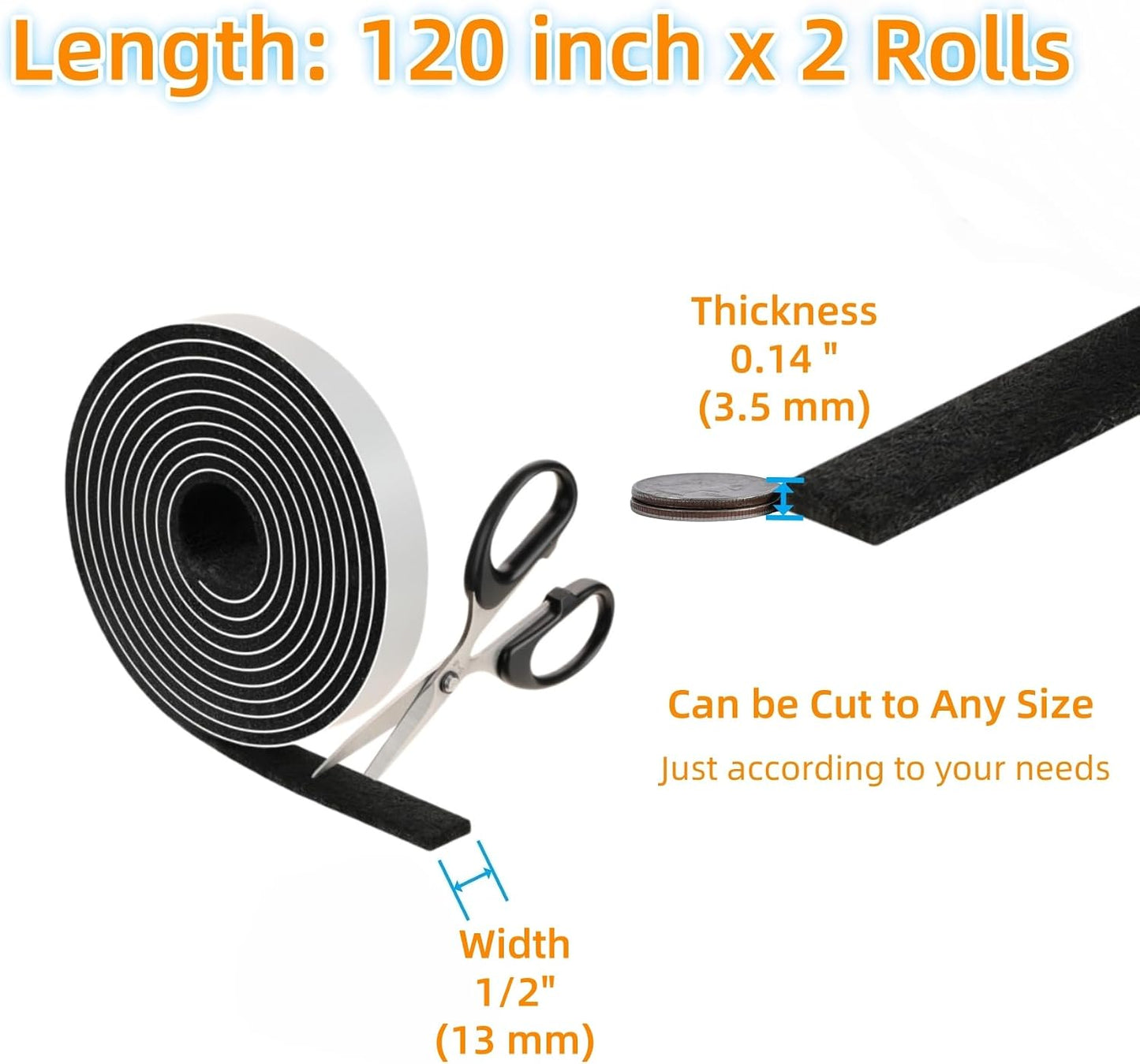 Felt Strips with Adhesive Backing Heavy Duty Cuttable Felt Tape Roll Furniture Pads for Chair Legs - Protecting Hardwood Floors, Chair Wall Protector (Black, 80 x 0.5 x 0.14 Inch)