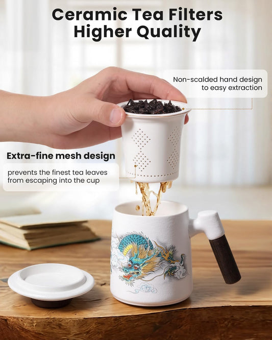 Ceramic Tea Infuser Cup with Lid,Loose Leaf Tea Mug,Dragon | 13.5oz,All Ceramic Infuser,Lead & BPA Free,Heat Resistant Wood Handle,Hand Wash Only,Tea Lovers Gifts