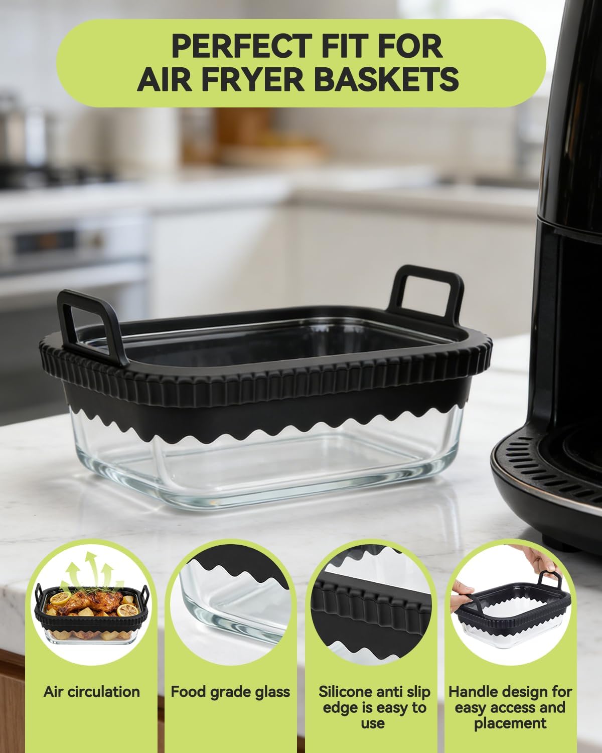 Air Fryer Glass Liner Reusable with Removable Silicone Ring, Air Fryer Accessories for Ninja Foodi DZ201/DZ401/DZ550, for COSORI/Chefman/Instant, Heat-Resistant, Dishwasher Safe & BPA-Free