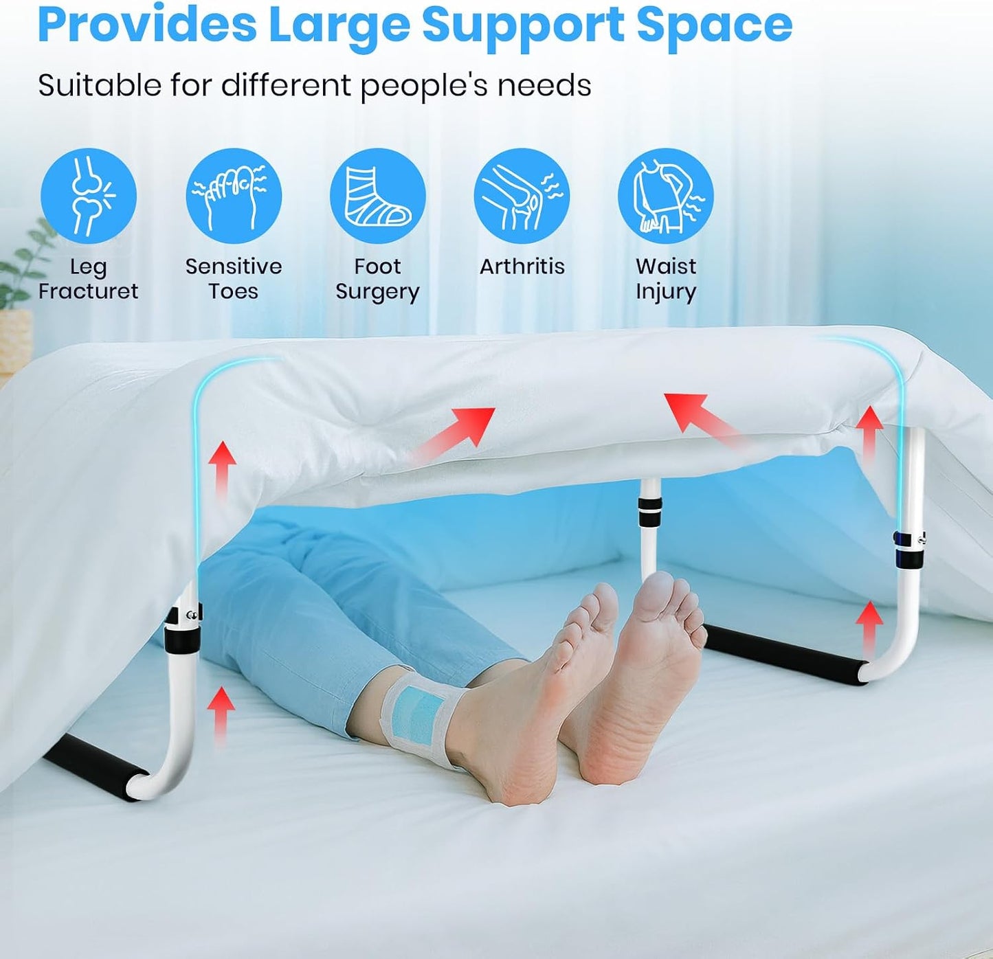 Blanket Lifter for Feet - Blanket Lifters for Foot of Bed, Adjustable 20-29 Inch Height with 4 Non-Slip Clips, Multi-Use Bed Support for Enhanced Foot, Toe, Leg and Knee Comfort