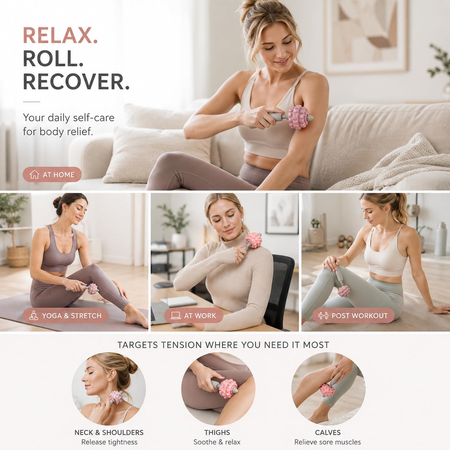 Handheld Massage Tool for Trigger Point Relief, Portable Muscle Roller for Deep Tissue Relaxation, Compact One-Hand Recovery Tool for Neck, Legs, Arms & Back