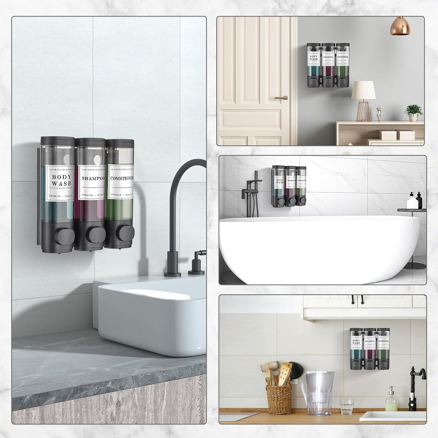 Cabo Deseado Shower Soap Dispenser Wall Mounted No Drill Shampoo Dispenser for Shower Wall Shampoo and Conditioner Dispenser Bathroom Hotel 3 * 350ml Gungray with Labels