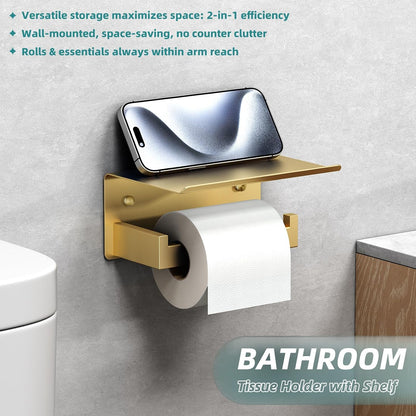APLusee Matte Black Toilet Paper Holder with Storage Shelf, Wall Mounted | Rustproof 304 Stainless Steel, 2-in-1 Functional Toilet Paper and Phone Storage, Fits Bathroom, Restroom, Vanity, Kitchen