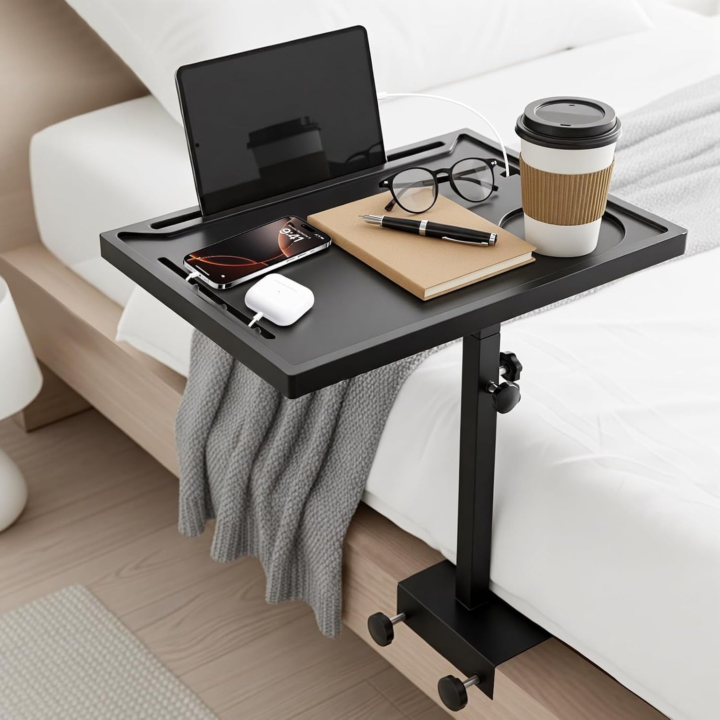 Bedside Shelf Rotating Foldable Tray:Height-Adjustable Clip On Bed Side Tray Table, Tray Table with Sturdy Metal Pole,Fits Bed Frames 0.7"-2.7" Wide for Dorms, Apartments, Bedrooms,Dorm Essentials