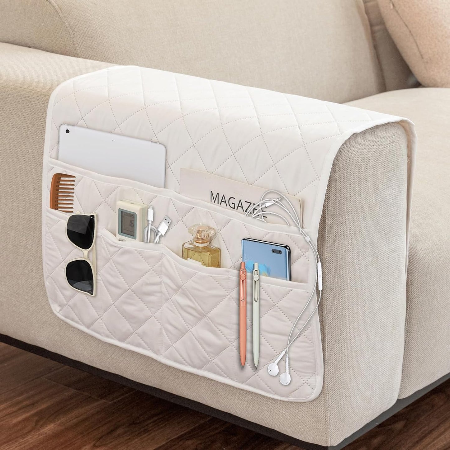 Remote Control Holder for Recliner, Armchair Caddy, Non Slip Sofa Armrest Organizer for Recliner Couch With 6 Pockets for TV Remote,Cell Phone,Magazine (Off-White)