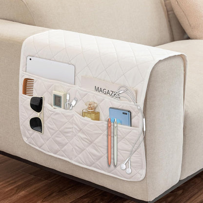 Remote Control Holder for Recliner, Armchair Caddy, Non Slip Sofa Armrest Organizer for Recliner Couch With 6 Pockets for TV Remote,Cell Phone,Magazine (Off-White)