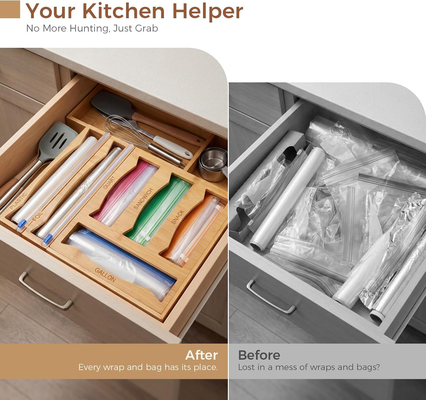 6-in-1 Bamboo Kitchen Drawer Organizer for Storage Bag, Foil & Plastic Wrap | Saran Wrap Dispenser with Cutter, Plastic & Grocery Bag Holder, Bamboo Drawer Organizer, Gallon/Quart Storage Bags