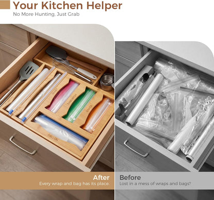 6-in-1 Bamboo Kitchen Drawer Organizer for Storage Bag, Foil & Plastic Wrap | Saran Wrap Dispenser with Cutter, Plastic & Grocery Bag Holder, Bamboo Drawer Organizer, Gallon/Quart Storage Bags