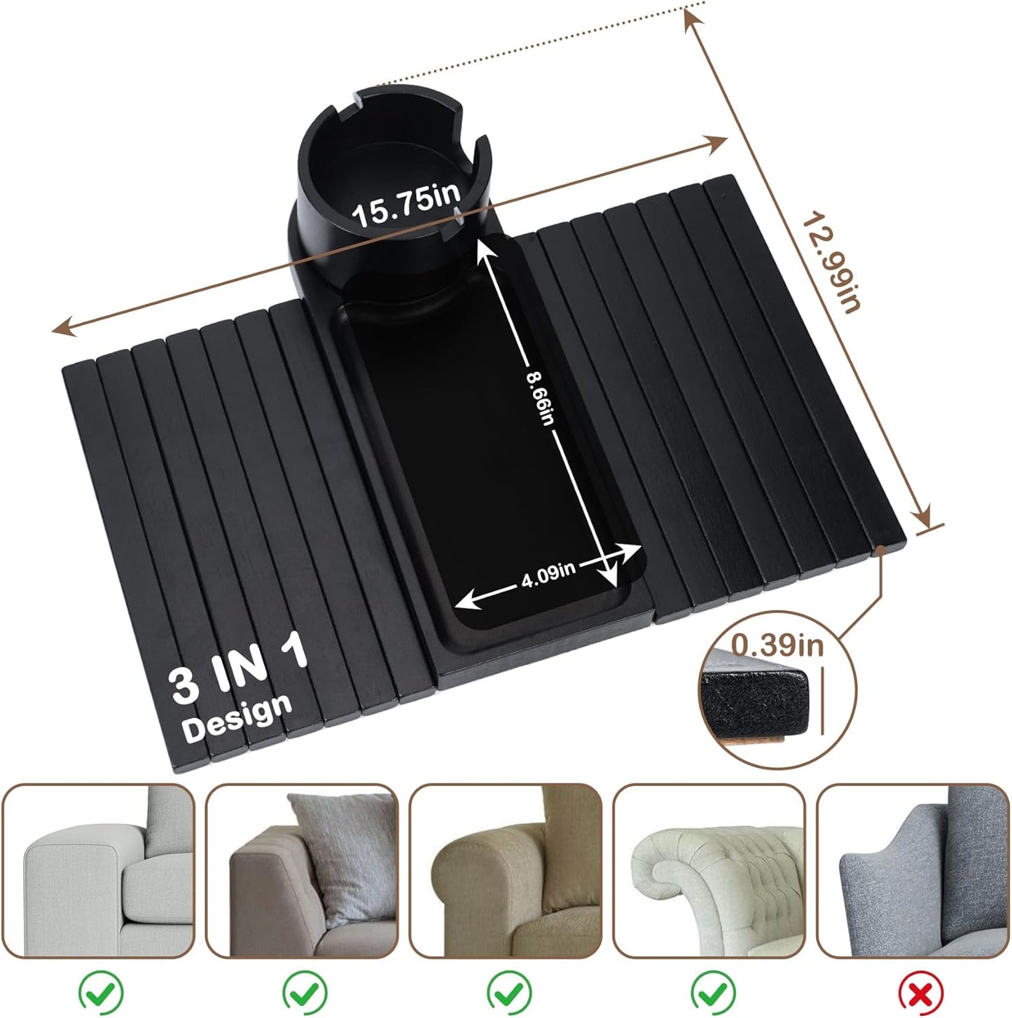 Couch Cup Holder for Armrests Over 4.9" Wide with 360° Phone Stand Walnut | Couch Arm Tray with 360° Rotating Phone Stand, 3 in 1 Foldable Sofa Arm Tray Table for Remote, Snacks, Phone, Drinks