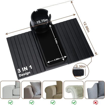 Couch Cup Holder for Armrests Over 4.9" Wide with 360° Phone Stand Walnut | Couch Arm Tray with 360° Rotating Phone Stand, 3 in 1 Foldable Sofa Arm Tray Table for Remote, Snacks, Phone, Drinks