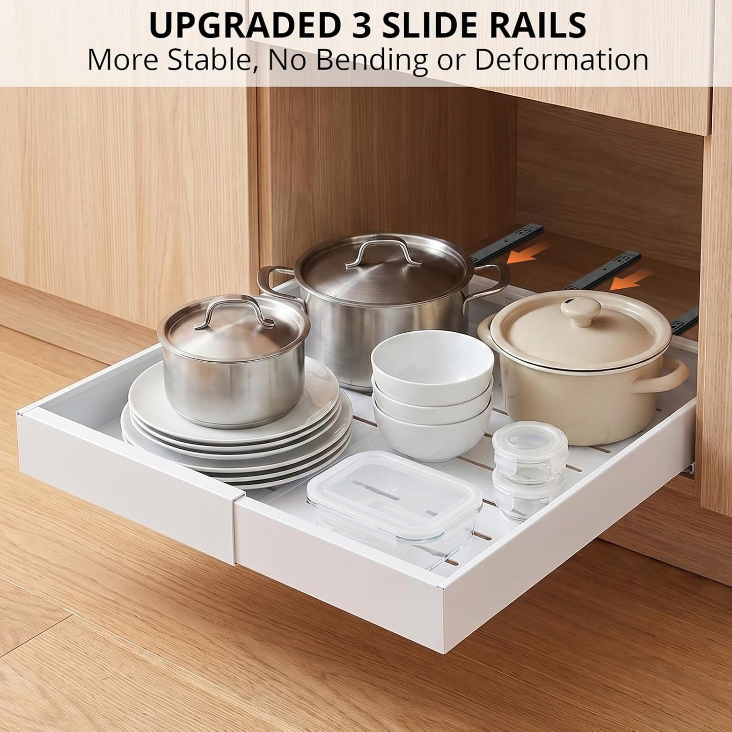 DOMNIU Pull Out Cabinet Organizers Expandable,White,16.9"Depth,2 Pack | Slide Out Drawers for Kitchen, Bathroom, Pantry, Under Sink Storage, Fixed with Adhesive Nano Film (11.6''-17.5'')
