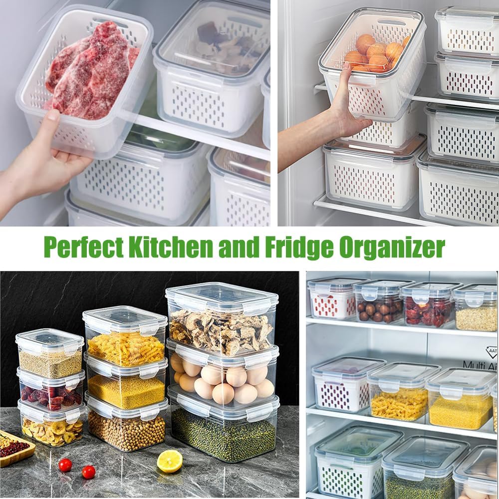 5 Pack Fruit Storage Containers for Fridge with Removable Colander, Produce Containers BPA-free Fridge Organizer to Keep Berry Lettuce Vegetable Fresh, Dishwasher & Microwave Safe