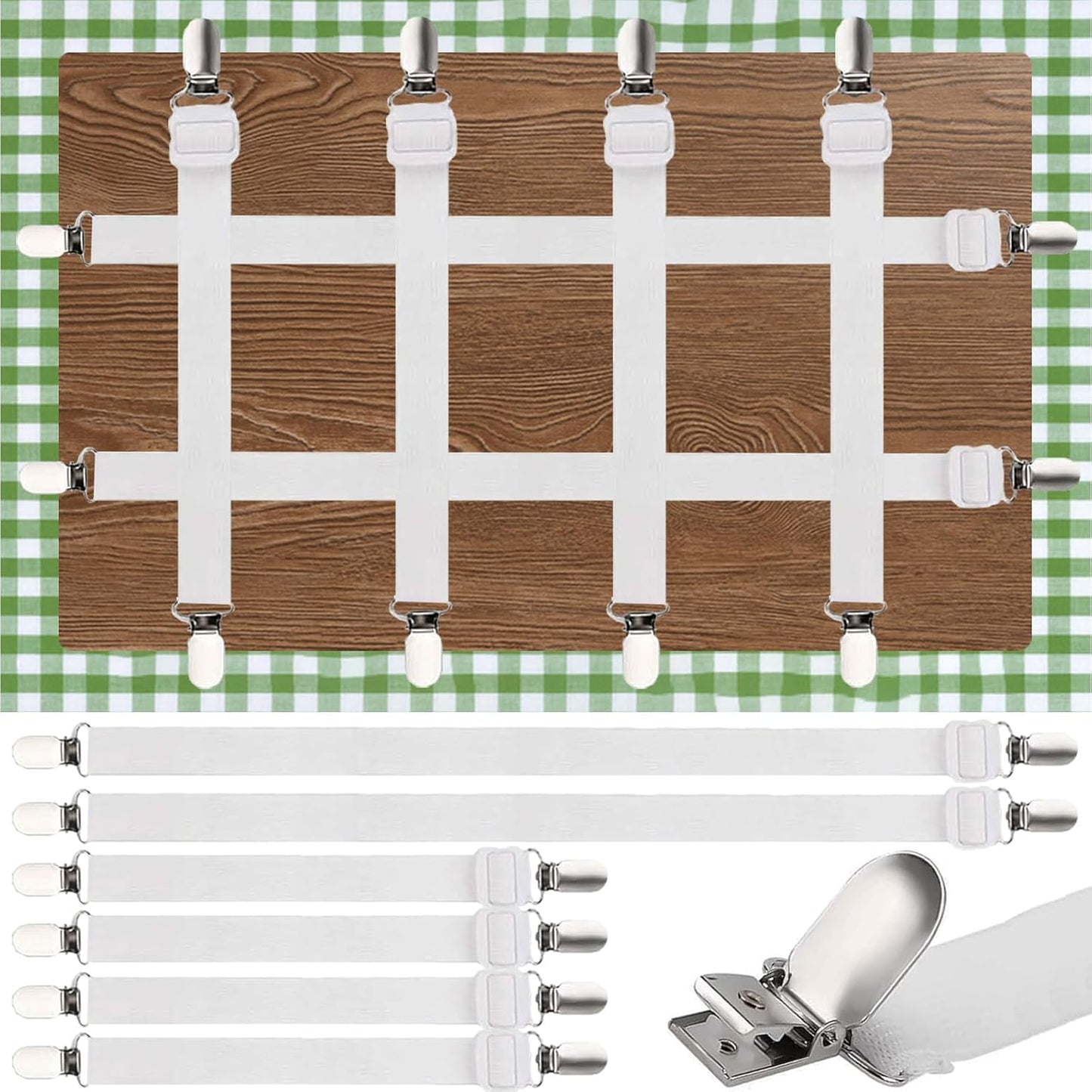 Tablecloth Clips, Multi-Use Sheet Holders for Tables & Beds, 6 Pack | Multi-use clips hold tablecloths and sheets neatly with hidden straps