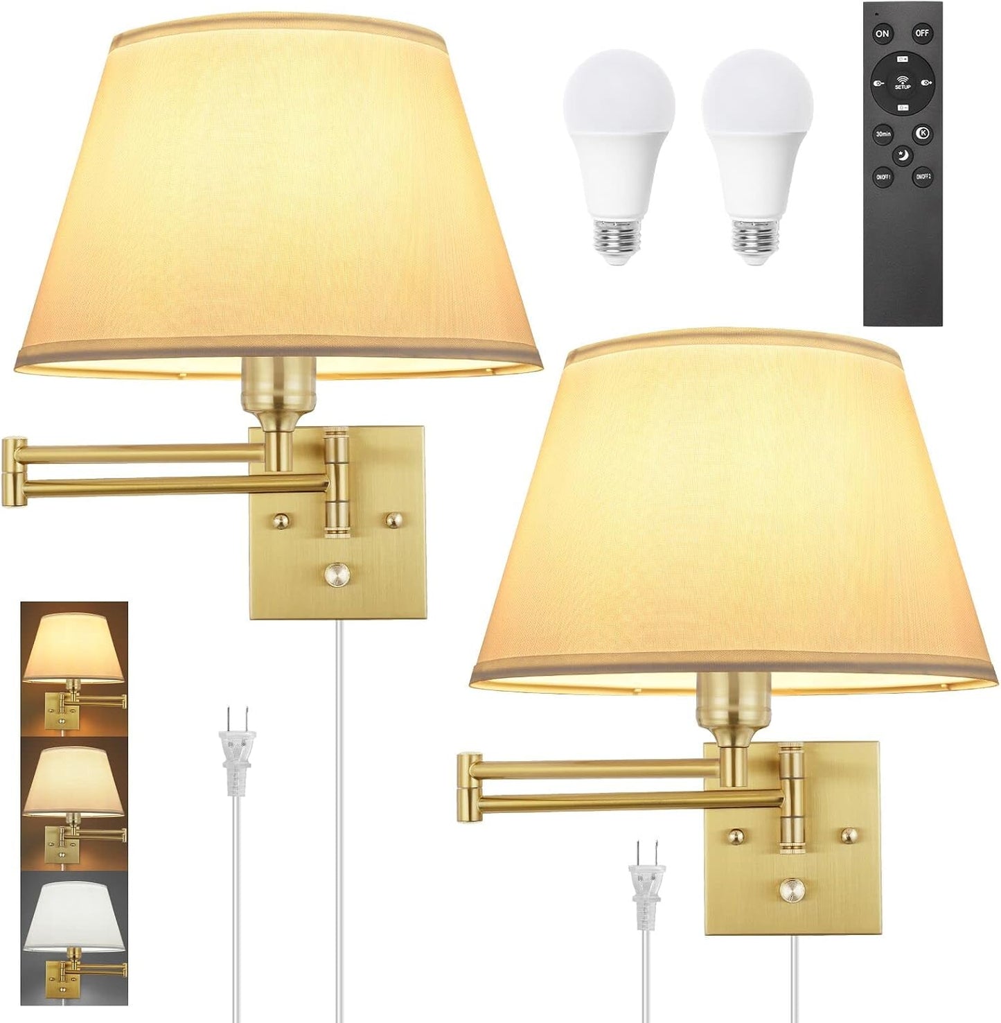 TRLIFE Wall Sconce Plug in, Dimmable Wall Sconces Set of Two Swing Arm Wall Lights with Plug in Cord and On/Off Dimmer Rotary Switch, 9.4" Medium Beige Fabric Shade(2 Pack, 2 Bulbs)