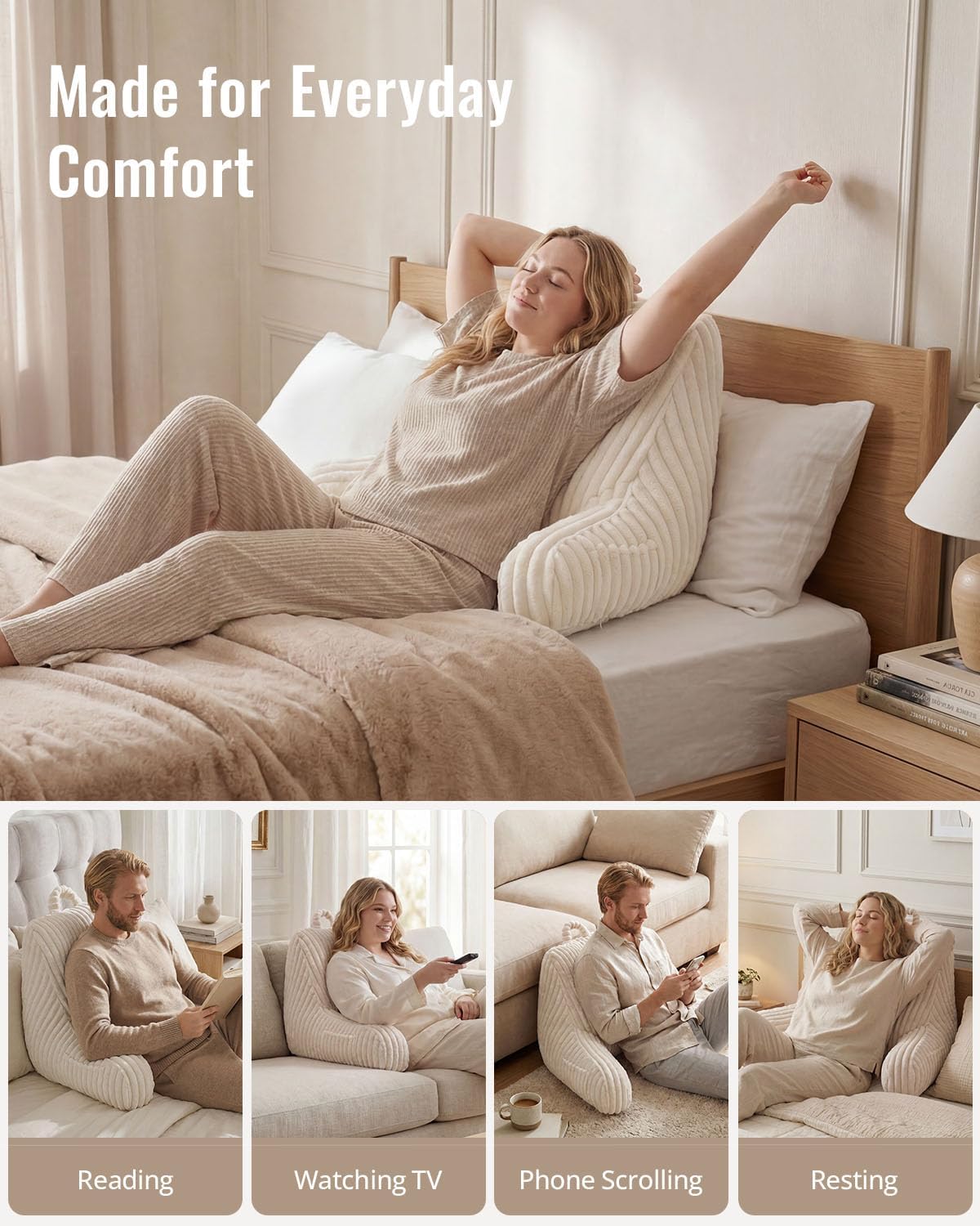 Blissful Diary Reading Pillow, Backrest Pillow with Shredded Memory Foam for Adult & Children, Designed for Bed and Couch Sitting Up, Includes Arms, Pockets and Washable Cover, Off White