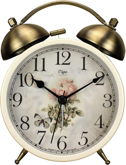 Maxspace 4 Inch Twin Bell Alarm Clock, Retro Analog Alarm Clock Silent Non-Ticking Quartz with Nigh Light, Small Desk Clock for Bedside Table, Battery Operated (Rose)