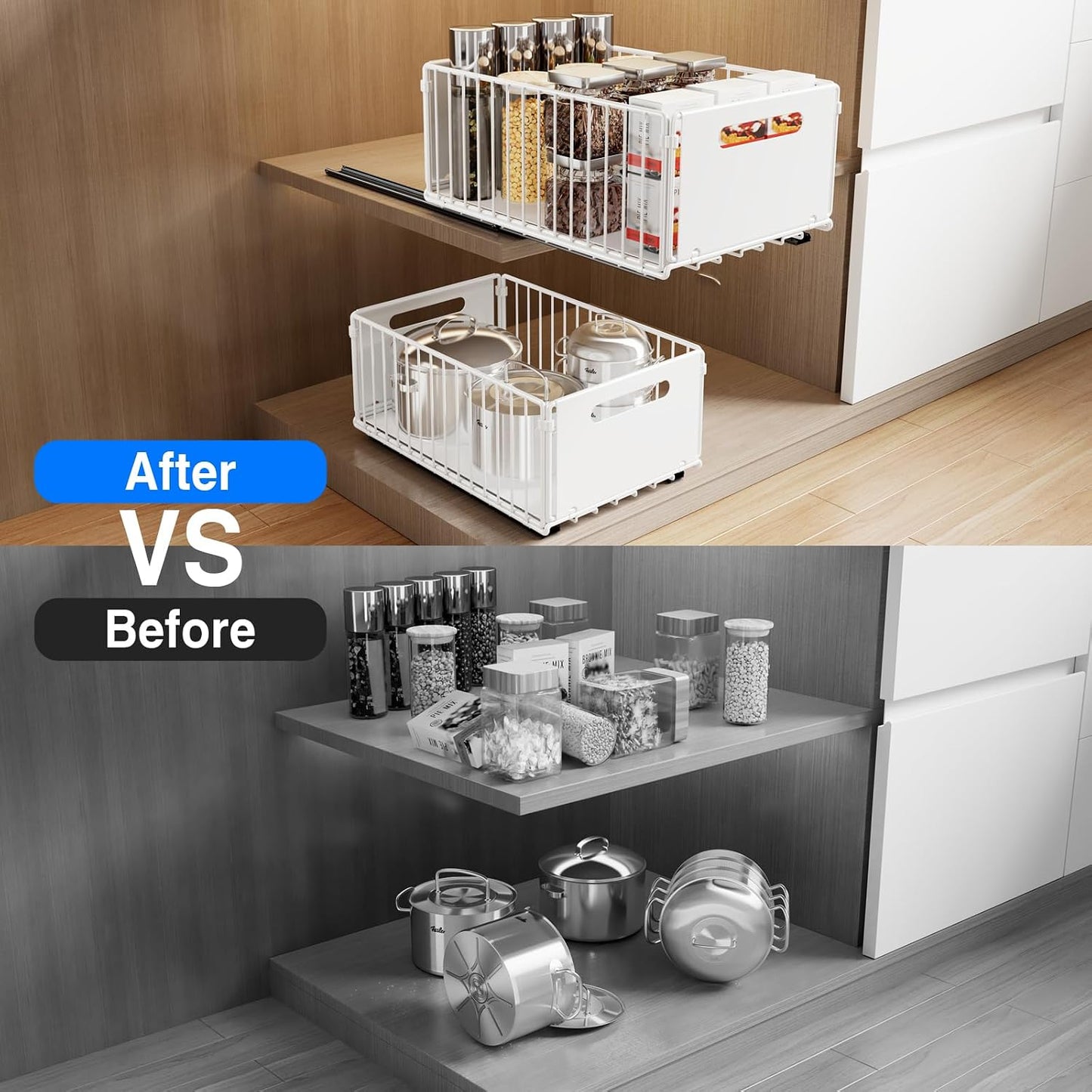 Mustorn 2 Pack Pull Out Cabinet Organizer, Slide Out Drawers for Cabinets, Peel and Stick, Heavy Duty Shelves for Kitchen, Cupboard, Pantry, Bathroom (16.5"D*11.8"W*3.94"H-Black)