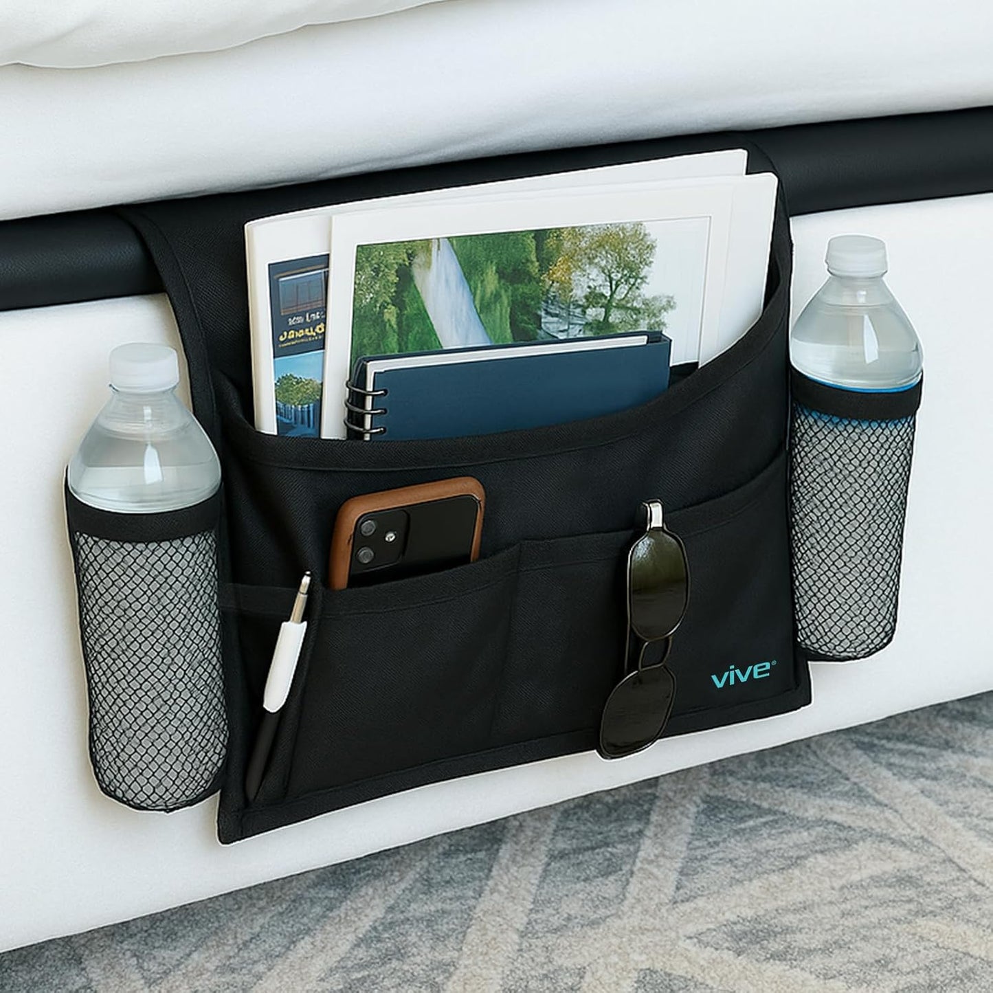 Vive Bedside Caddy - Bed Hanging Organizer - Storage Bag Shelf for College Dorm, Bedroom, Couch, Bunk - 8 Large Pockets with Charger Slots for Men and Women - Slides Under Mattress - Handle for Travel | Dorm, Bedroom, Couch, Bunk - 8 Large Pockets with