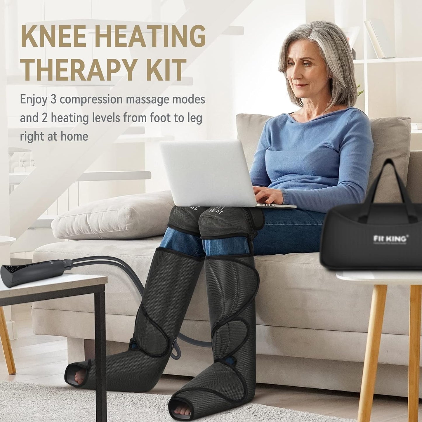 FIT KING Foot & Leg Compression Massager with Knee Heating for Circulation | FSA-HSA, Adjustable Leg Wraps, Size Extensions, 3 Modes 3 Intensities, Helpful for Pain Edema RLS, Great Gift for Wife Mom