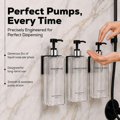 Clear Shampoo and Conditioner Dispenser Set Wall Mounted by Brighter Barns - Refillable Shower Soap Dispensers 3 Chamber No Drill - Plastic Shampoo, Body Wash and Conditioner Bottle for Hotels (Clear)