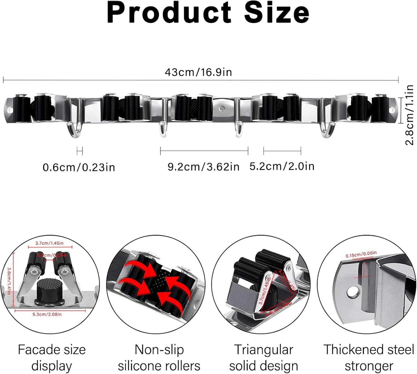 SUS304 5 Racks and 4 Hooks Mop and Broom Holder Wall Mount | Heavy Duty Self Adhesive Solid Non-slip Broom Organizer Storage Tool Racks for Home Kitchen Garden Laundry Garage