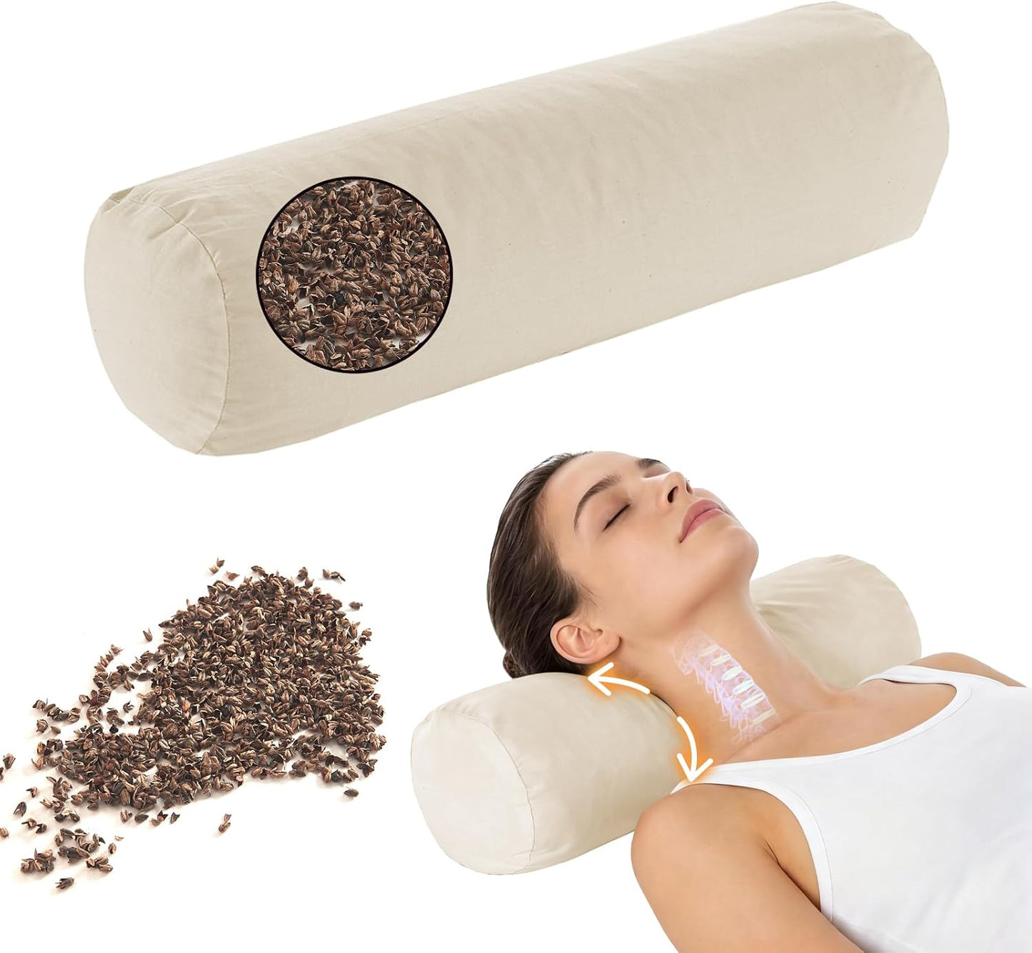 LOFE® Adjustable Buckwheat Neck Pillow - Cervical Roll to Relieve Tension | Buckwheat Pillow to Provide Firm Support for Side/Back Sleepers, Cylinder Bolster Pillows with Organic Pillowcase 17x6in