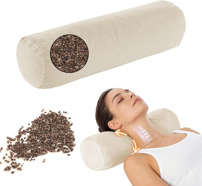LOFE® Adjustable Buckwheat Neck Pillow - Cervical Roll to Relieve Tension | Buckwheat Pillow to Provide Firm Support for Side/Back Sleepers, Cylinder Bolster Pillows with Organic Pillowcase 17x6in