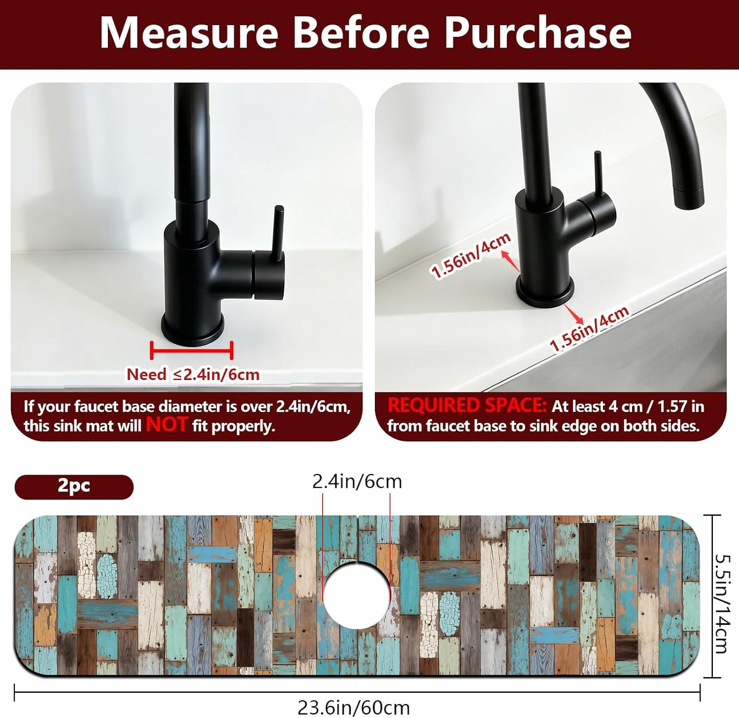 2 Pcs Kitchen Sink Splash Guard Faucet Mat Wood Grain Pattern Faucet Mat for Sinks Natural Wood Color Absorbing Drying Mats for Kitchen Bathroom, 23.6x5.5inch