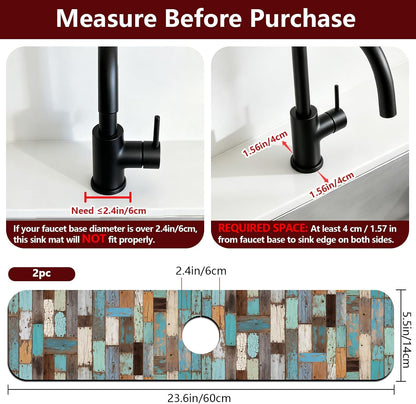 2 Pcs Kitchen Sink Splash Guard Faucet Mat Wood Grain Pattern Faucet Mat for Sinks Natural Wood Color Absorbing Drying Mats for Kitchen Bathroom, 23.6x5.5inch