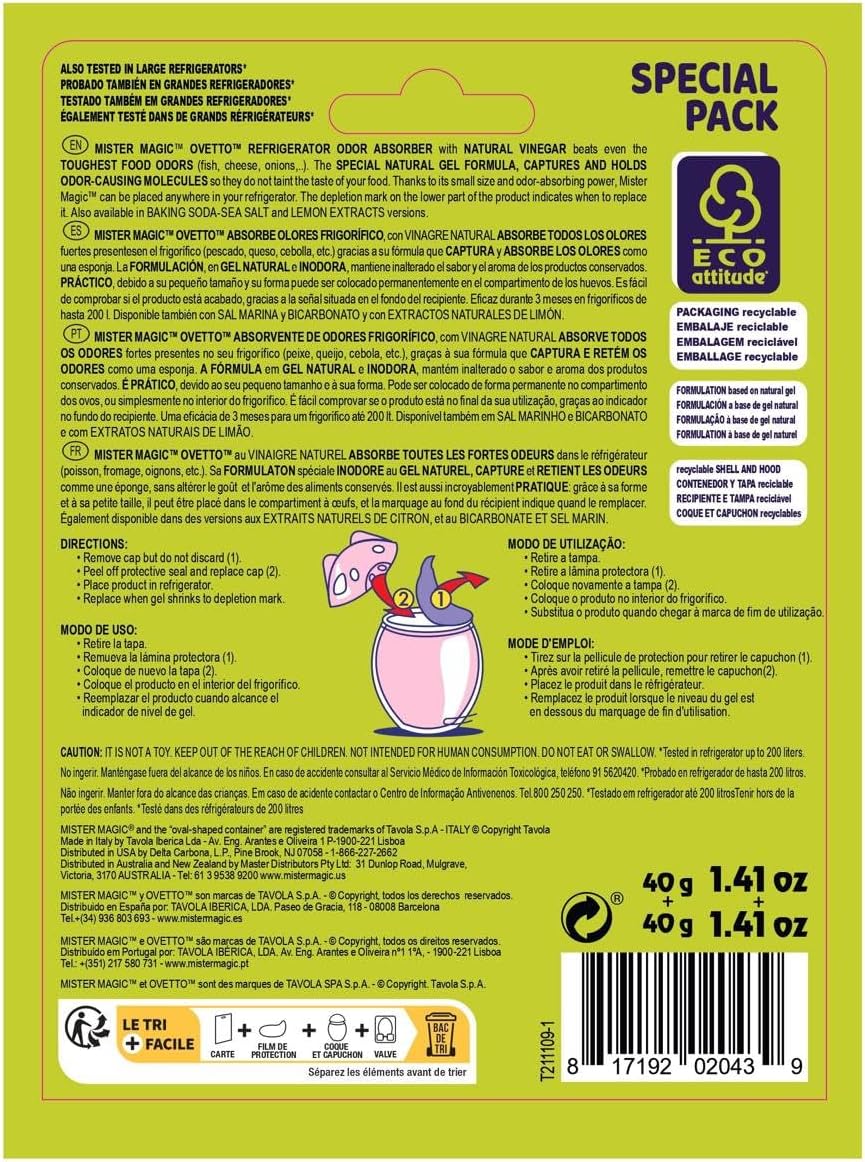 Mister Magic Refrigerator Odor Absorber – Natural Lemon Formula Gel, Odorless Fridge Deodorizer, Neutralizes Food Odors, Lasts Up to 90 Days, Safe for Food, Kitchen Supplies (1 Pack, Contains 2 Units)