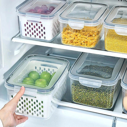 Yuonry 4 in 1 Food Storage Container, Fruit Storage Containers for Fridge, Produce Containers with Lid and Strainer, Including Drain Basket, Multipurpose Large Fruit Container for Fridge(Blue)
