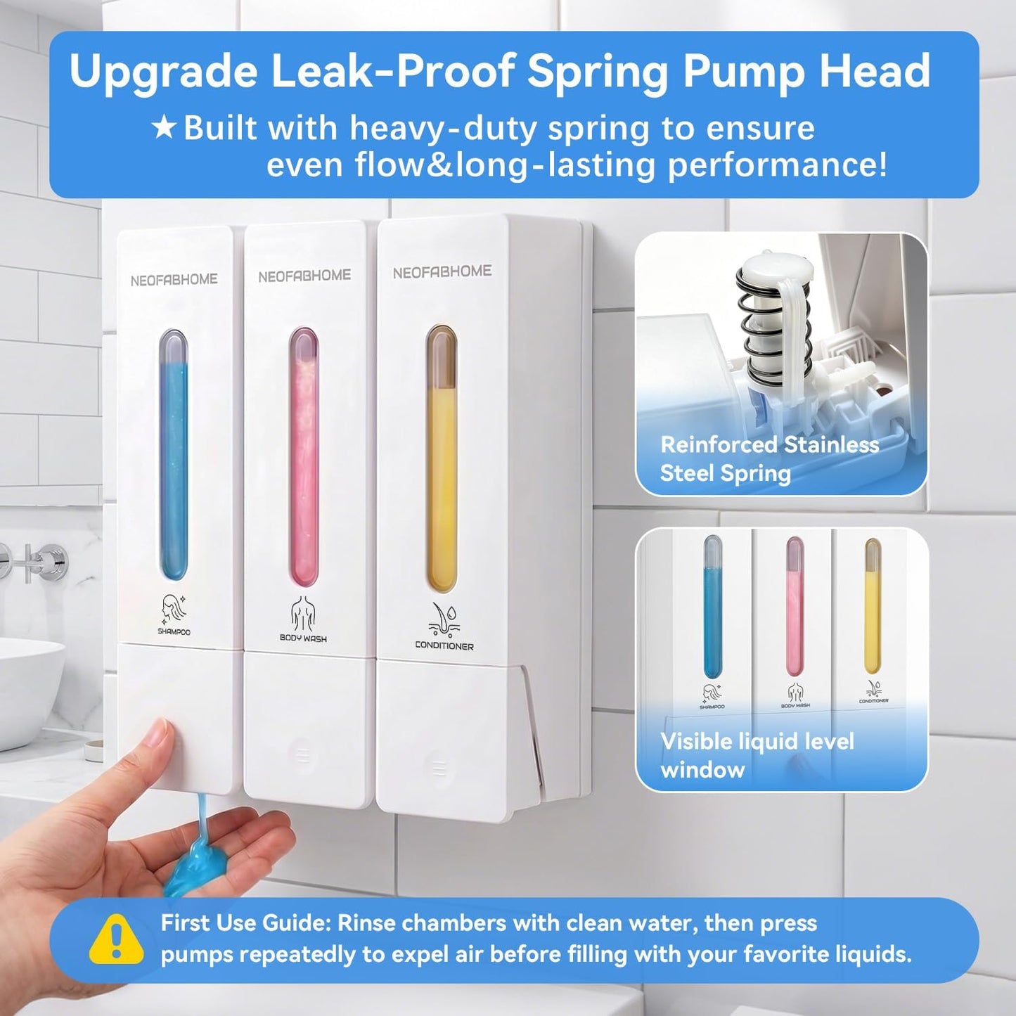 Shower Soap Dispenser Bathroom Accessories Set Wall Mounted No Drill | 3 Chamber Body Wash Shampoo and Conditioner Dispenser 1200ml Shampoo Bottles Holder Refillable with Pump for Hotel RV Laundry