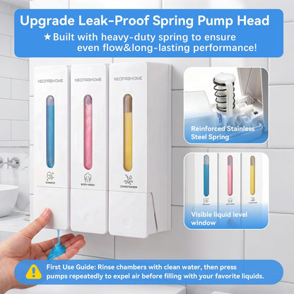 Shower Soap Dispenser Bathroom Accessories Set Wall Mounted No Drill | 3 Chamber Body Wash Shampoo and Conditioner Dispenser 1200ml Shampoo Bottles Holder Refillable with Pump for Hotel RV Laundry