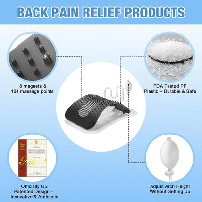 Back Stretcher for Lower Back, Pneumatic Adjustable Lumbar Support Board with 10 Magnets and 90 Massage Points, Daily Back Stretching Device for Home, Office, Yoga and Travel