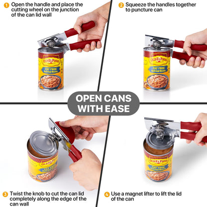 UHIYEE Heavy Duty Hand Can Opener with Comfortable Grip for Seniors, Black | Manual Can Opener, Hardened Steel Blade, Rubber-Coated Handle, Oversize Knob, Built-in Magnet & Bottle Opener