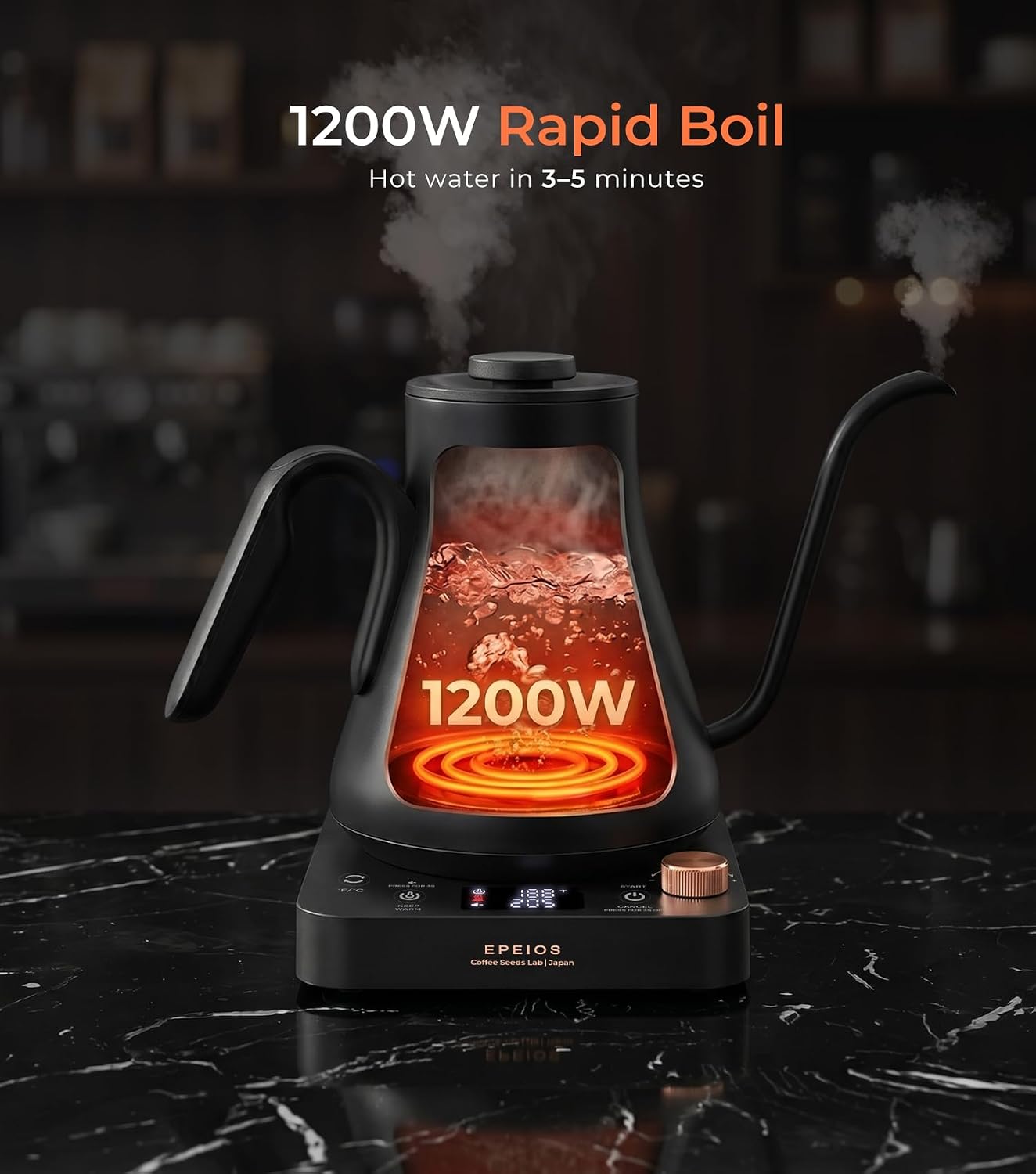 Epeios Electric Kettle, Gooseneck Electric Kettle with ±1°F Temperature Control, 1200W Rapid Heating for Pour Over Coffee & Tea, 304 Stainless Steel Interior, Auto Shut-Off, 0.9L, Black | Rapid Heating, Precision Pour-Over for Coffee & Tea,Smart Hot