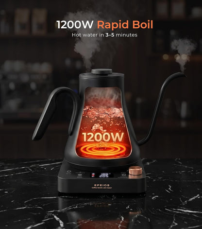 Epeios Electric Kettle, Gooseneck Electric Kettle with ±1°F Temperature Control, 1200W Rapid Heating for Pour Over Coffee & Tea, 304 Stainless Steel Interior, Auto Shut-Off, 0.9L, Black | Rapid Heating, Precision Pour-Over for Coffee & Tea,Smart Hot