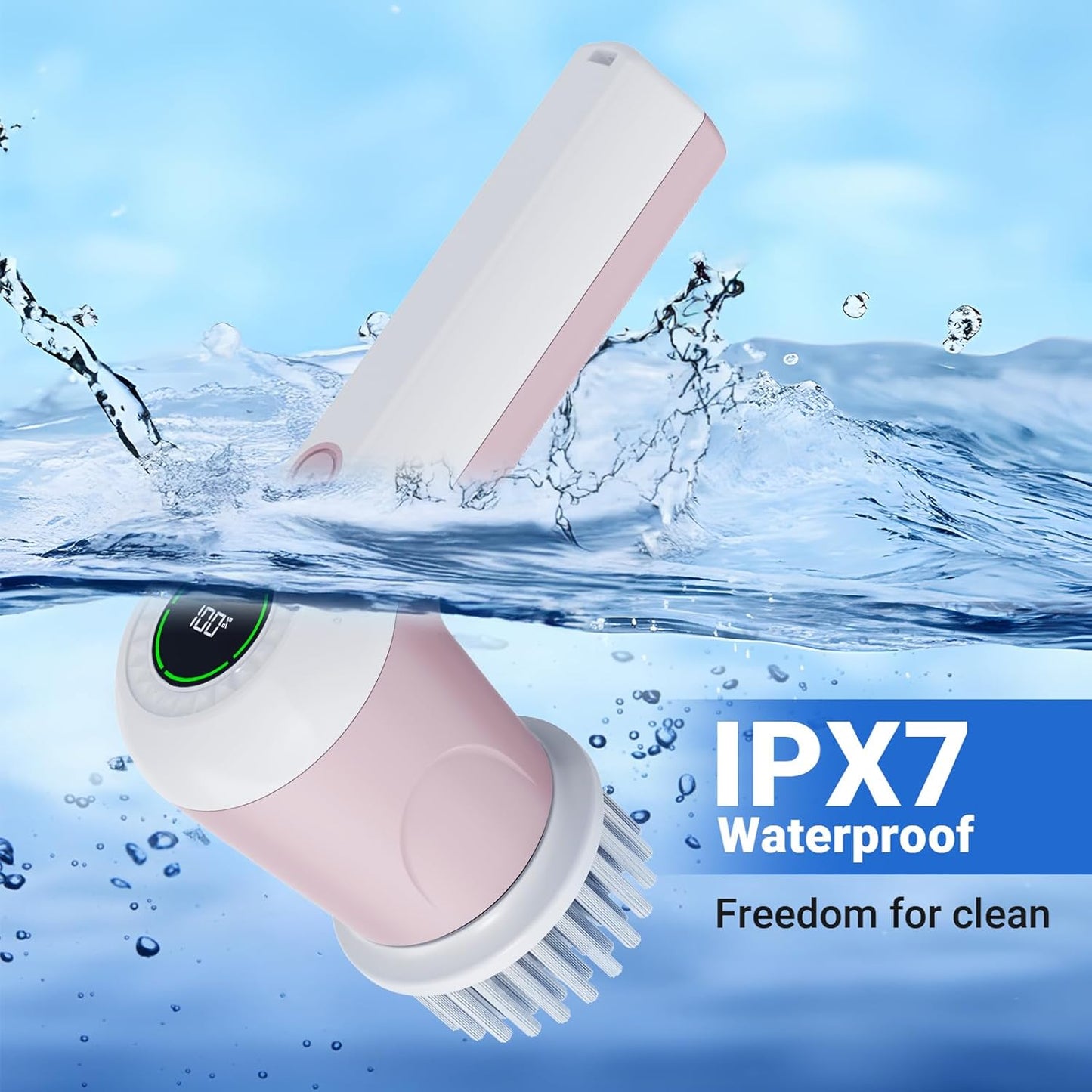 PUFTEM Electric Spin Scrubber, Cordless Shower Scrubber | Battery Level Display, Dual Speed, 6 Replaceable Brush Heads, IPX7 Waterproof, Long Runtime, Tub, Tile & Sink Cleaning