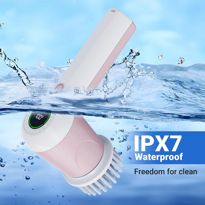 PUFTEM Electric Spin Scrubber, Cordless Shower Scrubber | Battery Level Display, Dual Speed, 6 Replaceable Brush Heads, IPX7 Waterproof, Long Runtime, Tub, Tile & Sink Cleaning