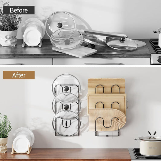 Pot Lid Organizer Rack for Cabinet Door, 2 Pack Pot Lid Holder White | 6-Tier Lid Racks for Cabinet Door/Wall, No Drilling Adhesive Mount, Rustproof, Fits Pot Pan Lid, Cutting Board & Cookie Sheet