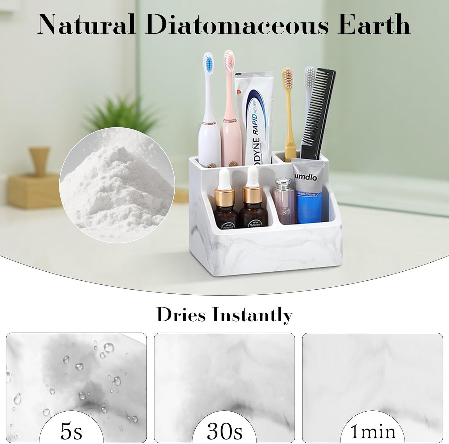 Luxspire Diatomite Toothbrush Holder, 2 Slots, Marble White | Fast Drying, Diatomaceous Earth, Electric Tooth Brush and Toothpaste Organizer, For Bathroom Kitchen Vanity Countertop