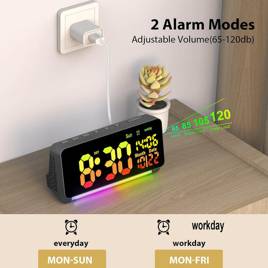 Samshow 120db Super Loud Alarm Clock for Heavy Sleepers Adults | 15 Wake Up Sounds, 7 Color Night Light, Dynamic RGB Color, Adjustable Brightness, Snooze, DST, Large LED Display