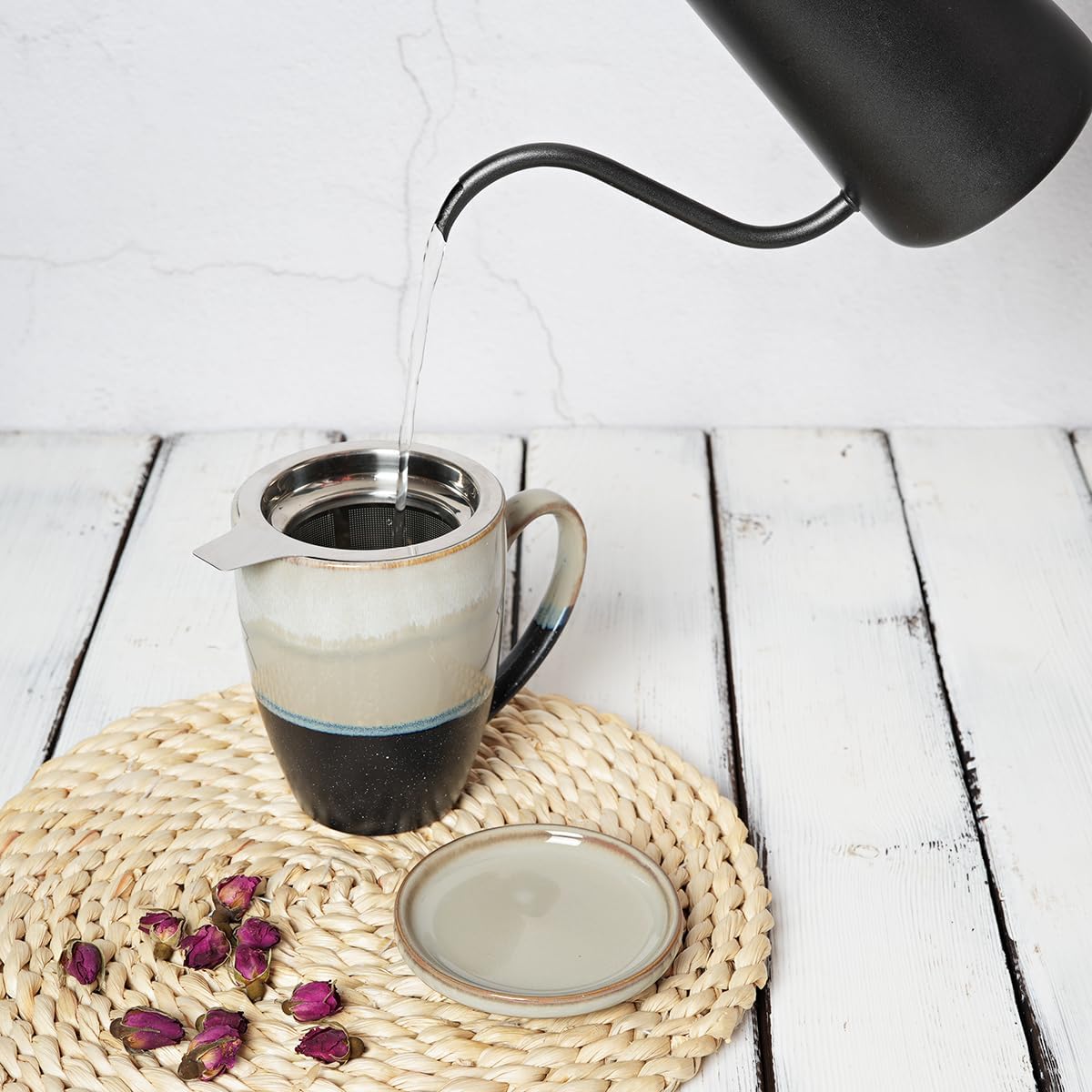 Bosmarlin Ceramic Tea Cup with Infuser and Lid, 13.5 Oz, 4 Colors to Choose, Microwave and Dishwasher Safe, Steeping Tea Mug with Strainer, Reactive Glaze (Purple)