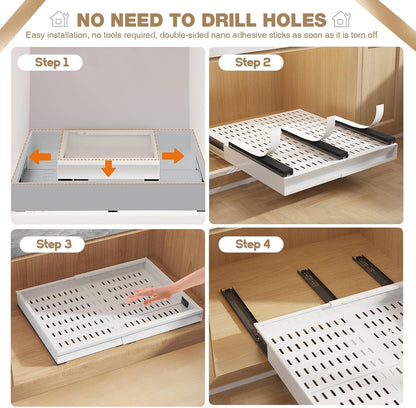 Seinloes Pull Out Cabinet Organizer, 4-Side Expandable to Fit Most Cabinets, 3 Rail Slide Out Drawers with Raising Pad for Framed & Frameless Cabinets, 13"-21" W x 17"-24" D, White, 2 Pack