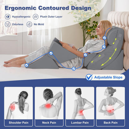 4PCS Orthopedic Bed Wedge Pillow Set for Sleeping, Post Surgery Foam Support Pillows for Back, Neck and Leg Pain Relief, Adjustable Triangle Pillow – Acid Reflux, GERD & Snoring Recovery, White Grey
