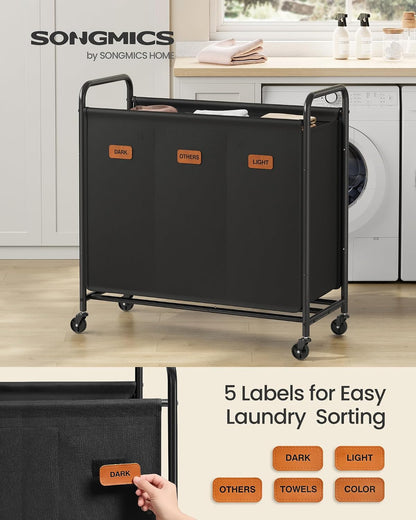 SONGMICS 2-Section Laundry Sorter, Laundry Hamper with Wheels, Rolling Clothes Hamper Cart with Large Capacity and Removable Bags, for Laundry Room, Bedroom, Bathroom, Ink Black URLS210B01 | Rolling Clothes Hamper Cart, Large Capacity, for Laundry Room,